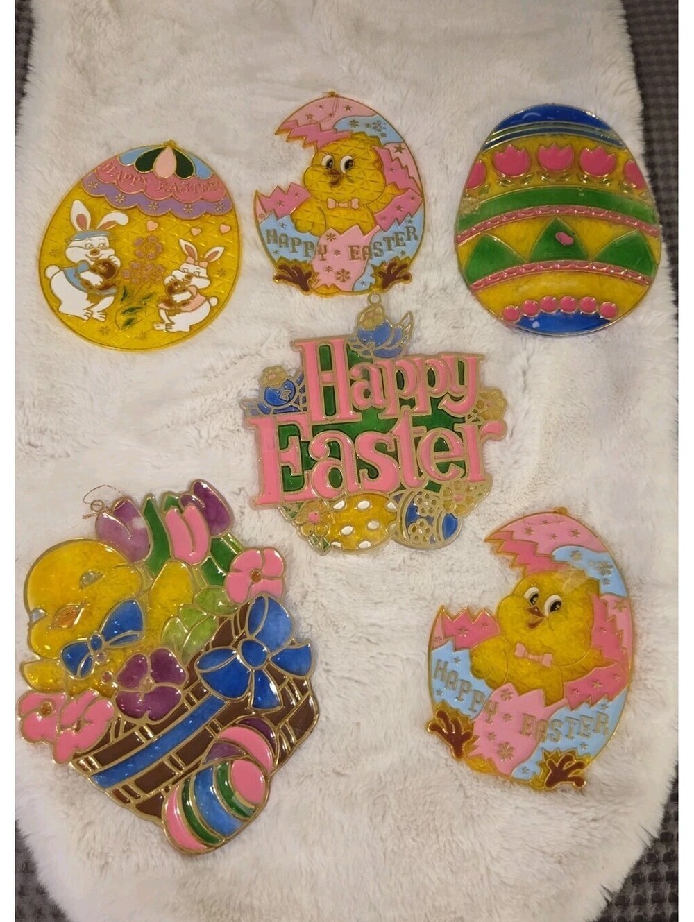 Vintage 6 New Design Inc Crystalline Easter Bunny Suncatcher Faux Stained Glass